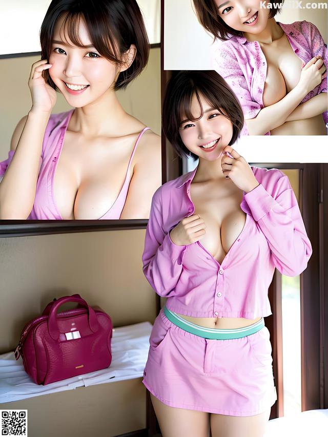 A woman in a pink shirt and skirt posing for a picture.