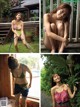 A collage of photos of a woman in a bikini and shorts.