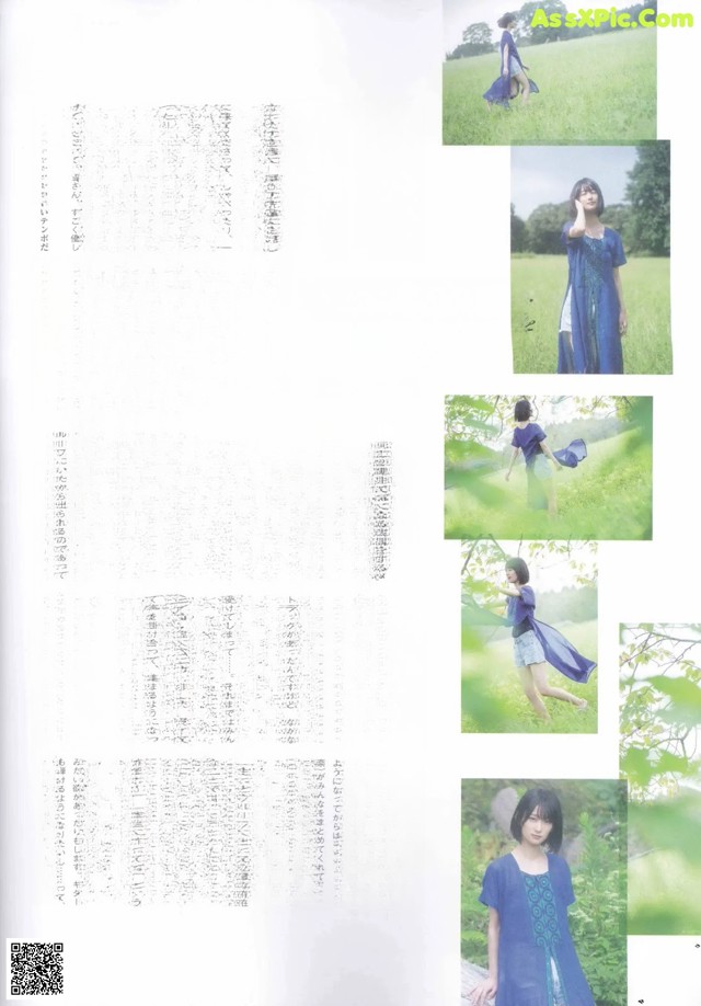 A magazine spread with a picture of a woman in a blue dress.