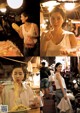 A collage of photos of a woman eating food at a market.