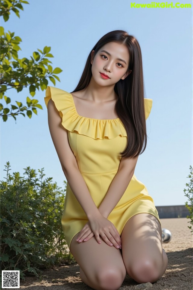 A woman in a yellow dress sitting on the ground.