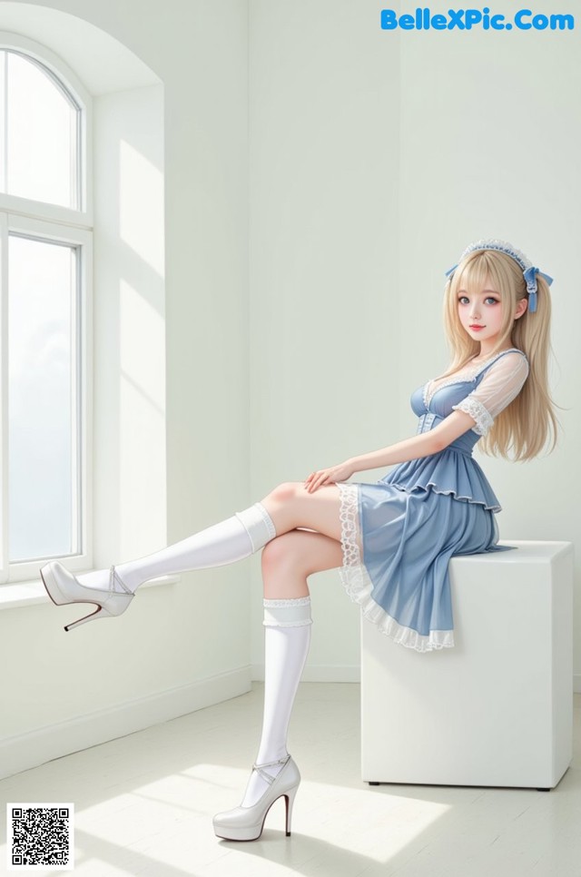 A woman in a blue dress sitting on a white cube.