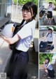 A young woman in a school uniform holding a helmet.